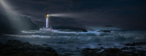 3D - Lighthouse with beacon on coast in stormy sea with sailboat on horizon