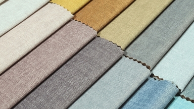 Upholstery textile materials variety selection of designs and colors. 